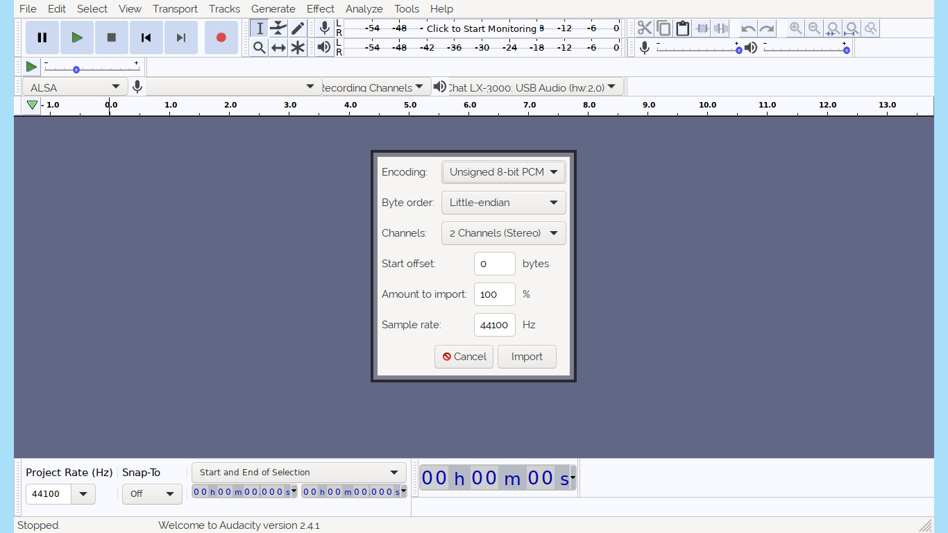 Audacity raw import options