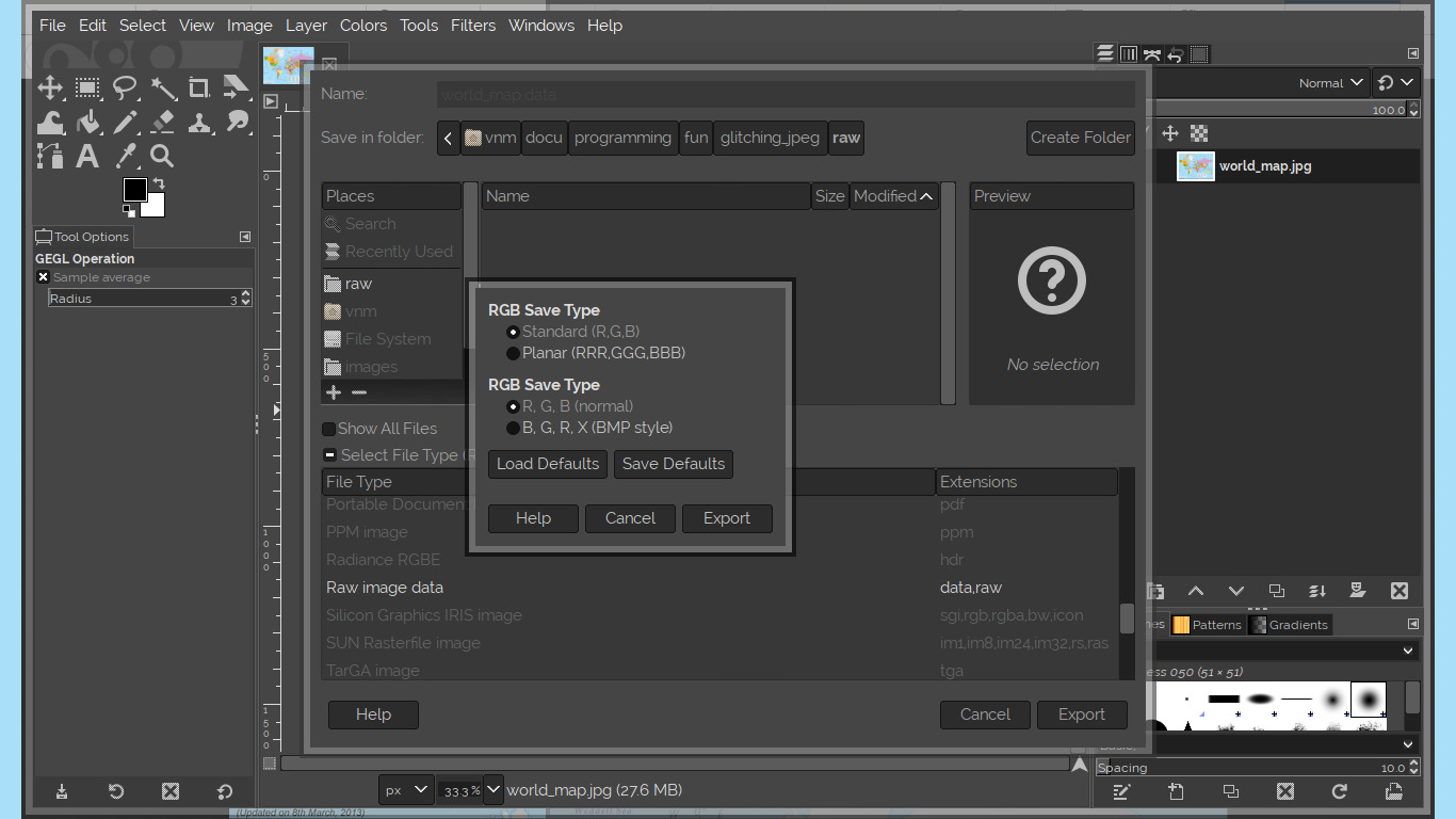 GIMP process to save image as raw