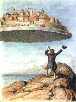 With his description of the floating island of Laputa, driven by a group of lunatic scientists with a time-wheel magnetism, Jonathan Swift, in his 1726 novel Gulliver's Travels parodied the Royal Society.